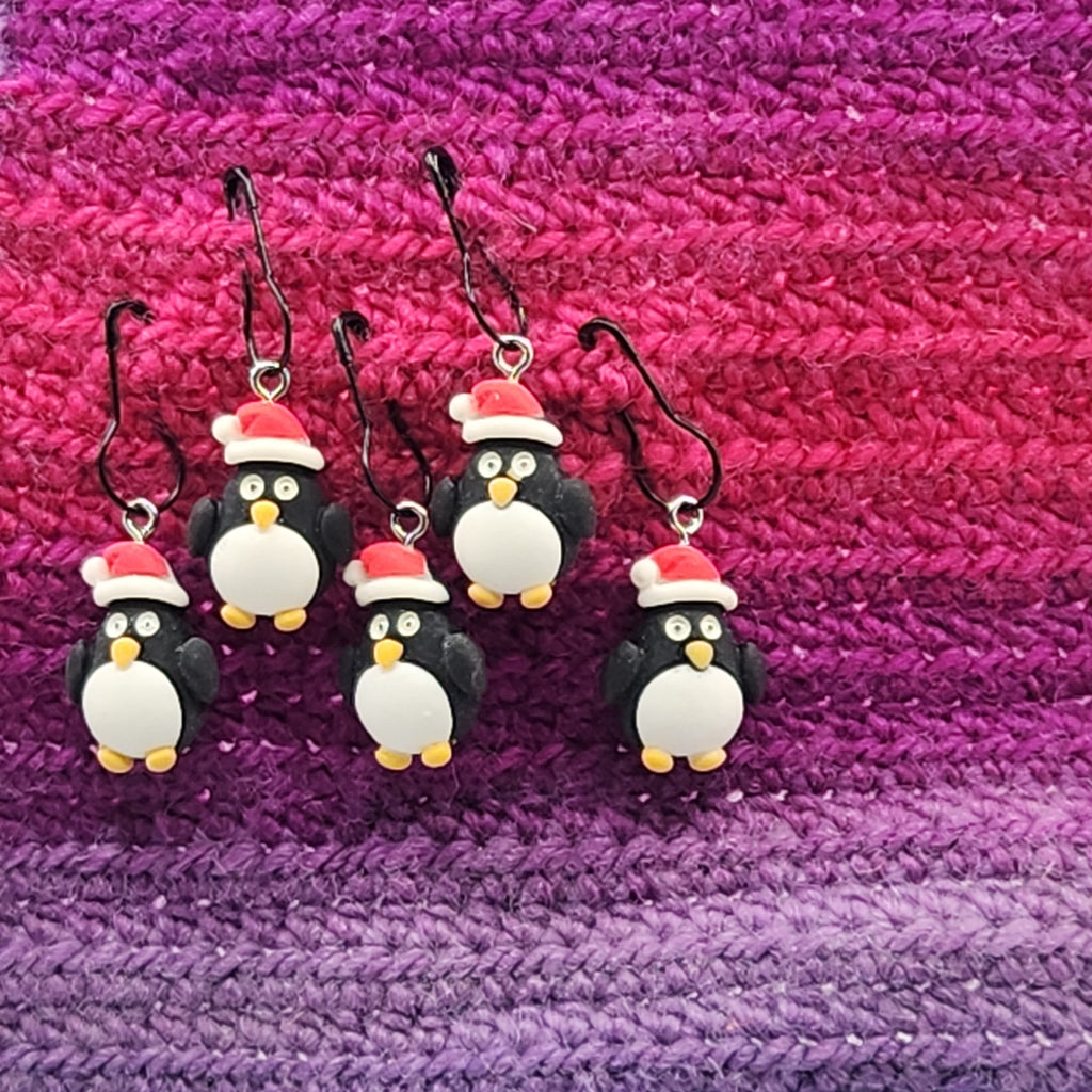 Peguins in Santa Hats Stitch Markers