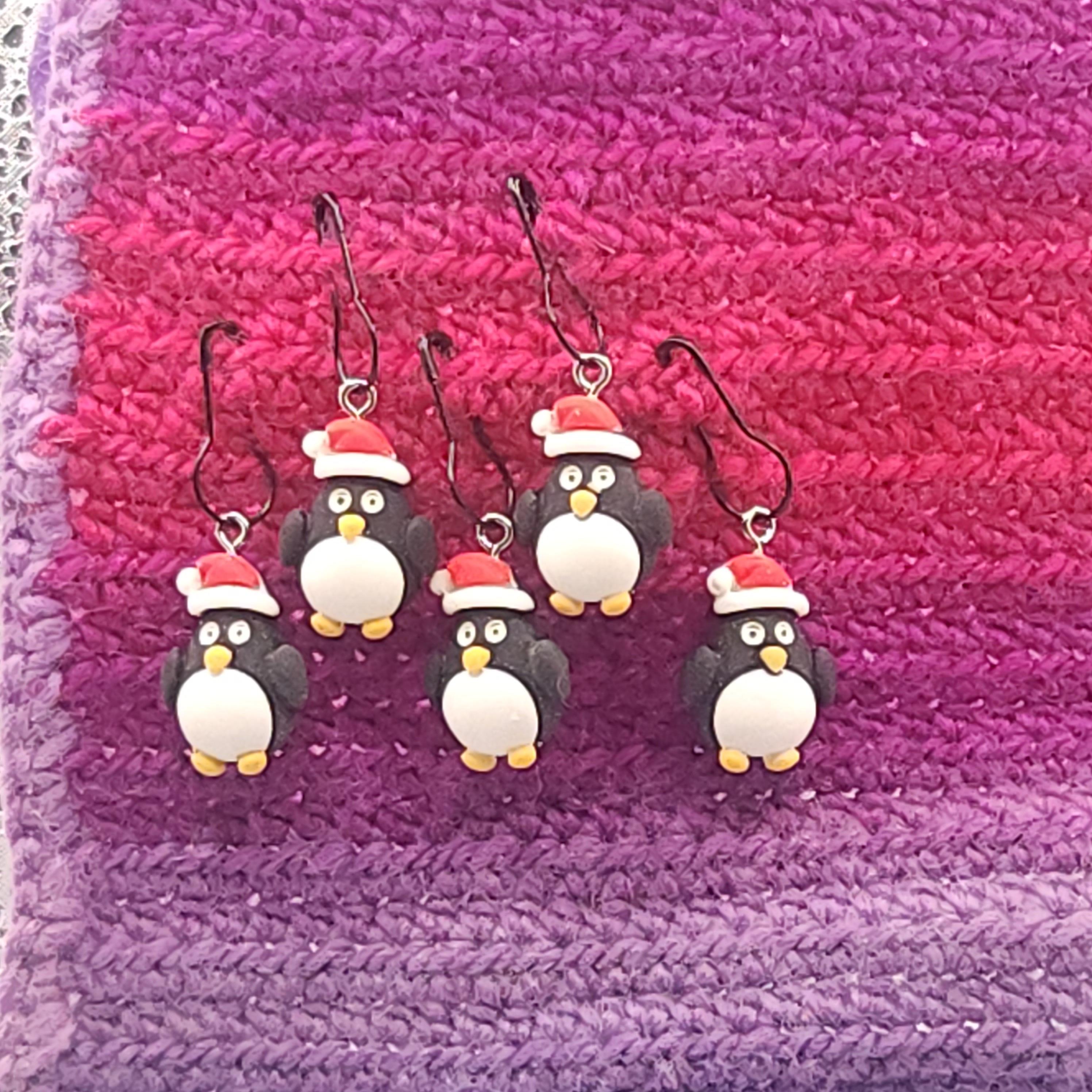 Peguins in Santa Hats Stitch Markers