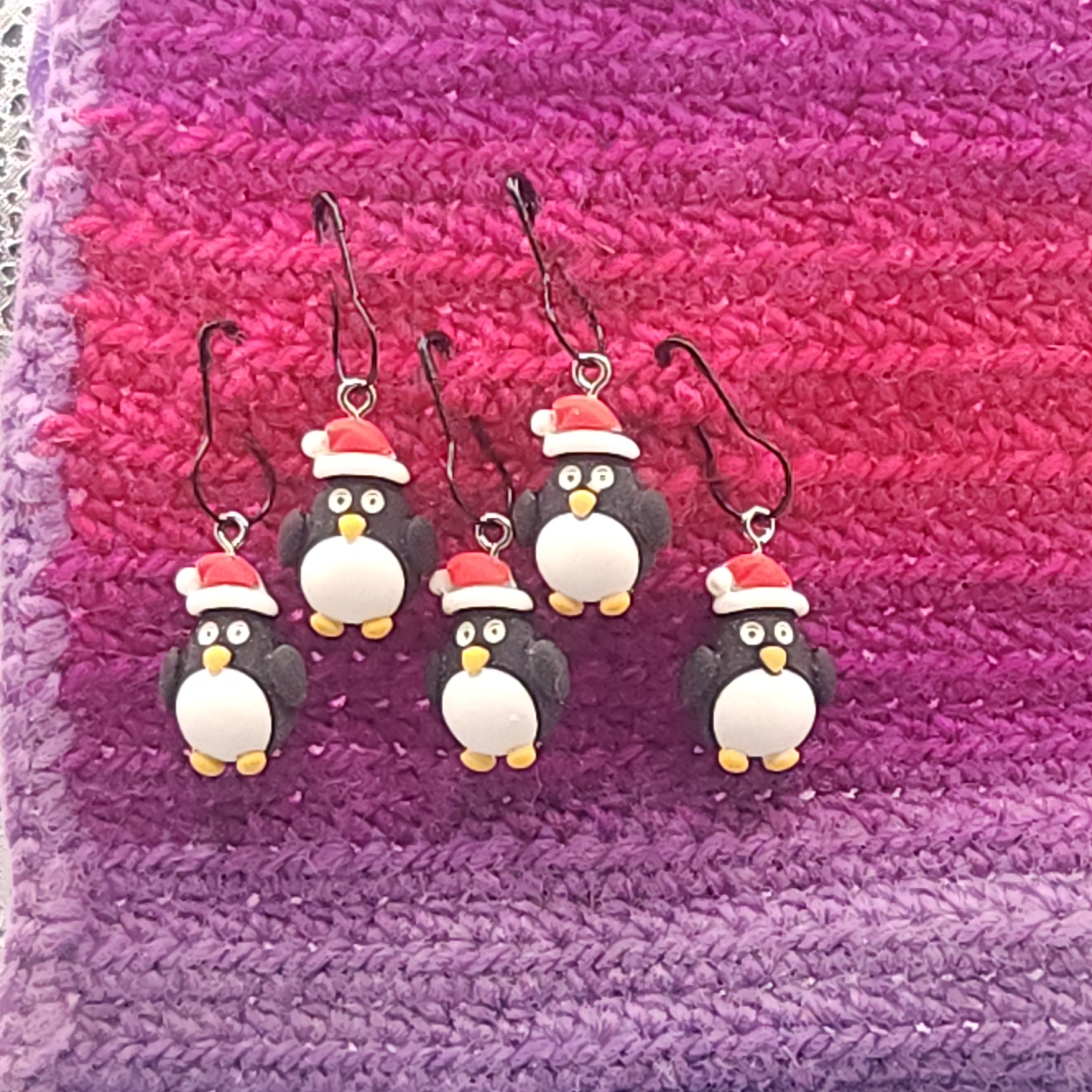 Peguins in Santa Hats Stitch Markers